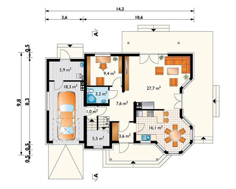 Main Floor 1 – Home Plan with Large Kitchen and 1-Car Garage