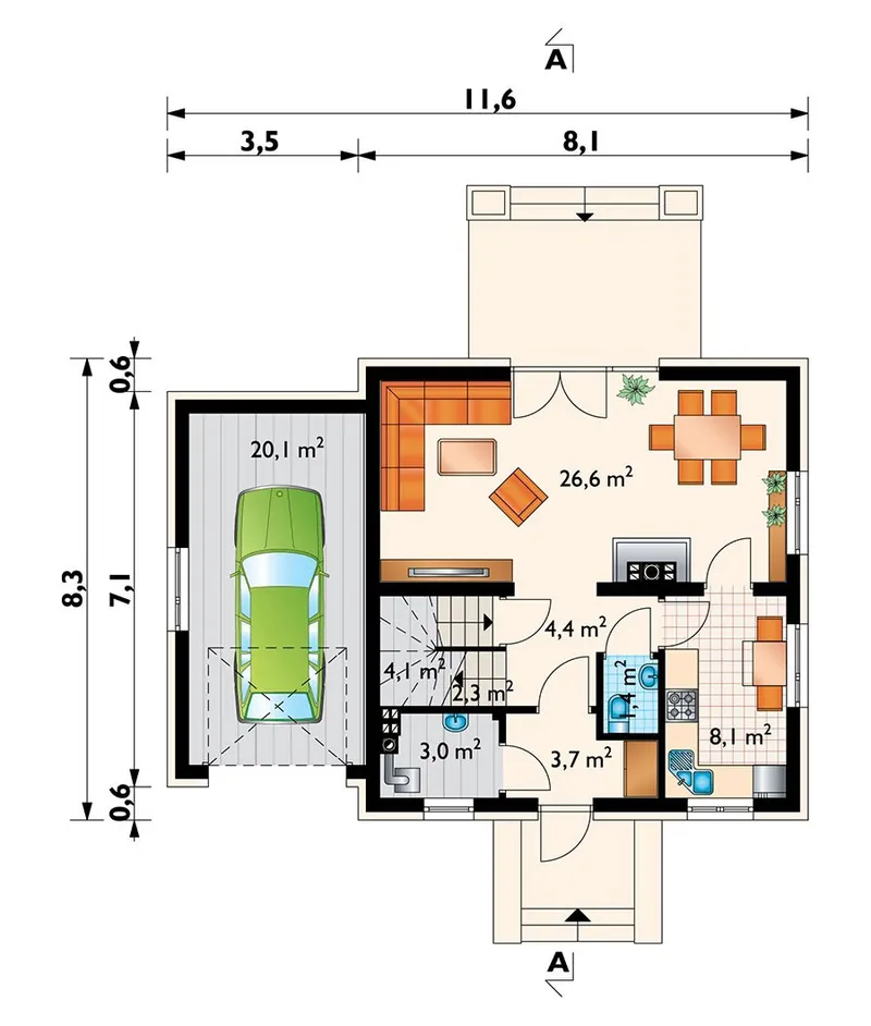 Main Floor 1 – 1100 Sq Ft House Plan with 3 Beds and 1.5 Baths
