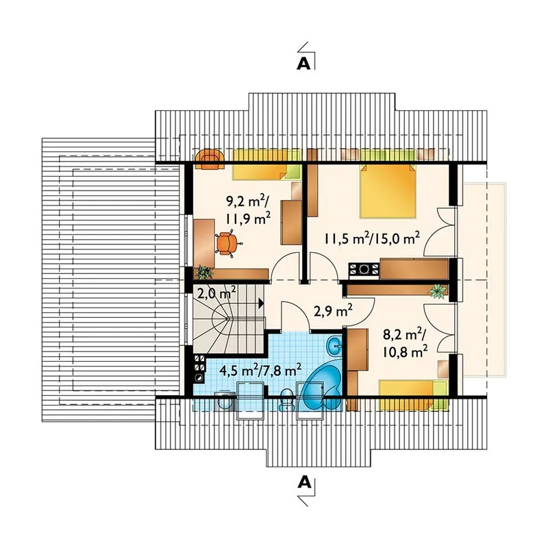 Second Floor 1 – 1100 Sq Ft House Plan with 3 Beds and 1.5 Baths