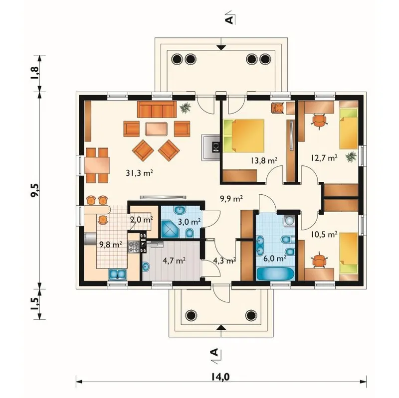 Main Floor 1 – 1100 Square Foot Hip Roof Cottage House Plan