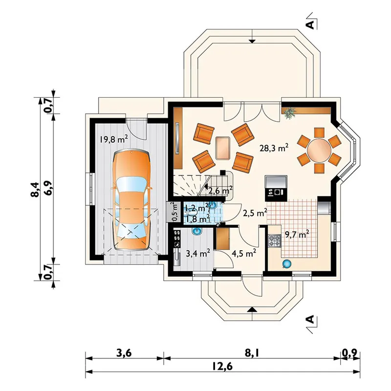 Main Floor 1 – 1300 Sq Ft Home Plan with Garage and 4 Balconies