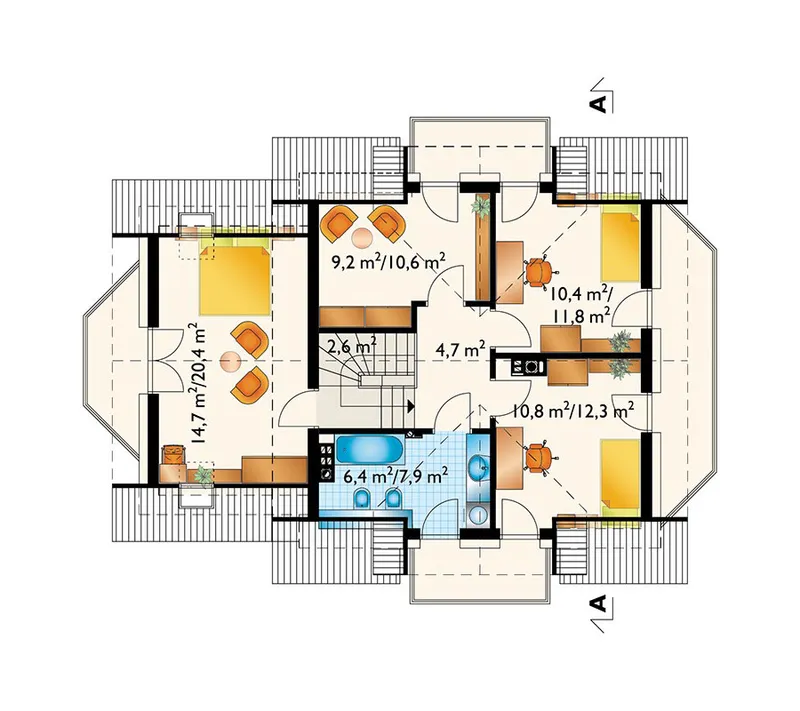 Second Floor 1 – 1300 Sq Ft Home Plan with Garage and 4 Balconies