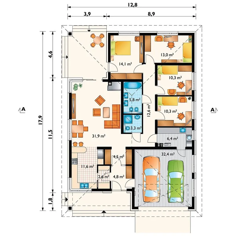 Main Floor 1 – 4-Bedroom, 1400 Sq Ft European Plan with Garage