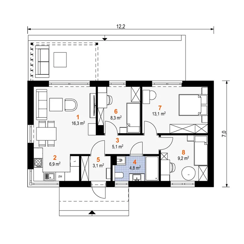 Main Floor 1 – Small Barn House Plan with Partially Covered Deck