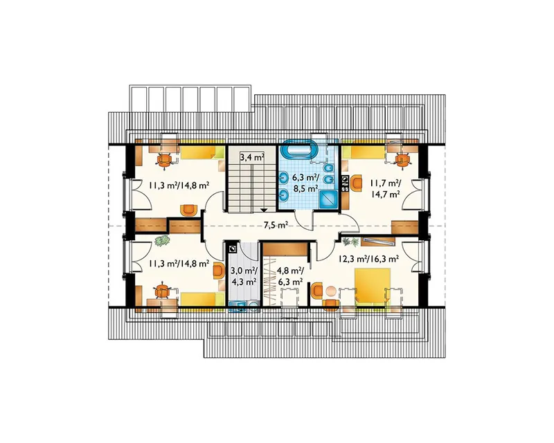 Second Floor 1 – 1800 Sq Ft 1.5-Story House Plan with Back Porch