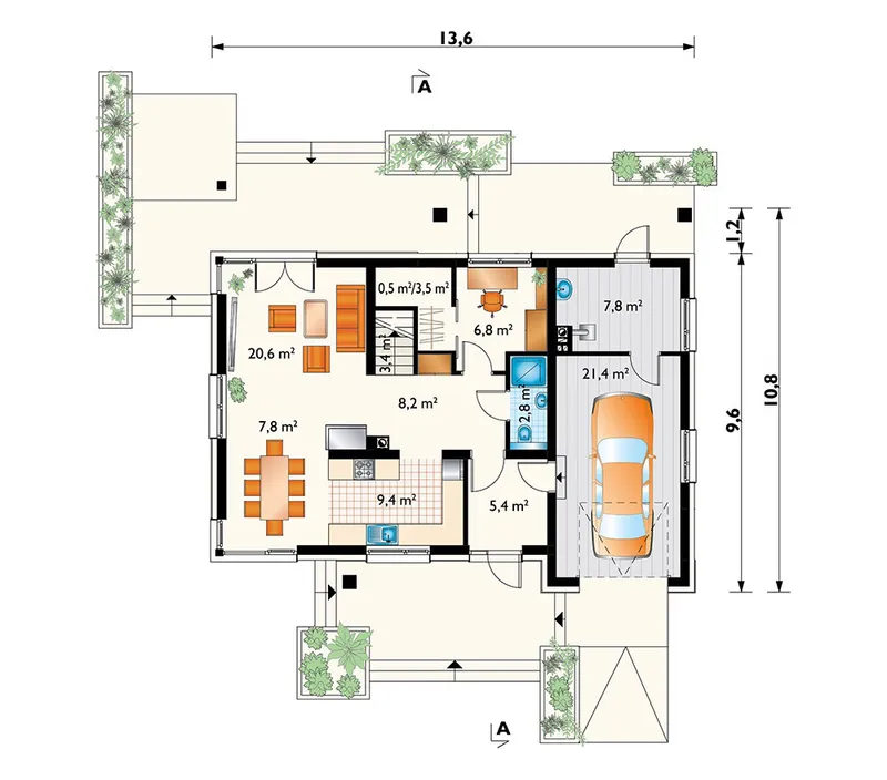Main Floor 1 – 1800 Sq Ft 1.5-Story House Plan with Back Porch