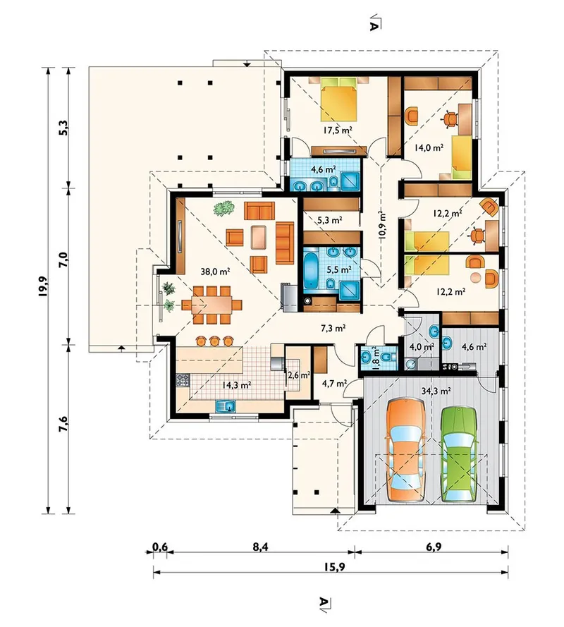 Main Floor 1 – 1700 Sq Ft House Plan with Large Kitchen