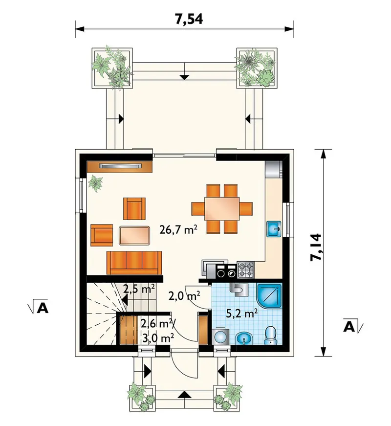 Main Floor 1 – 800 Sq Ft Tiny Home Plan with 2 Beds Upstairs
