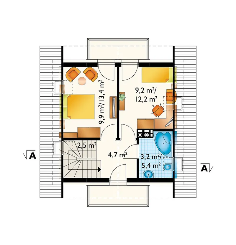 Second Floor 1 – 800 Sq Ft Tiny Home Plan with 2 Beds Upstairs