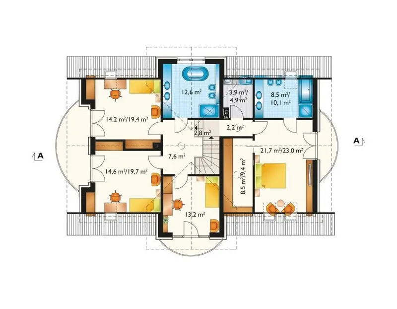 Second Floor 1 – 2300 Sq Ft Floor Plan with 3 Rounded Balconies
