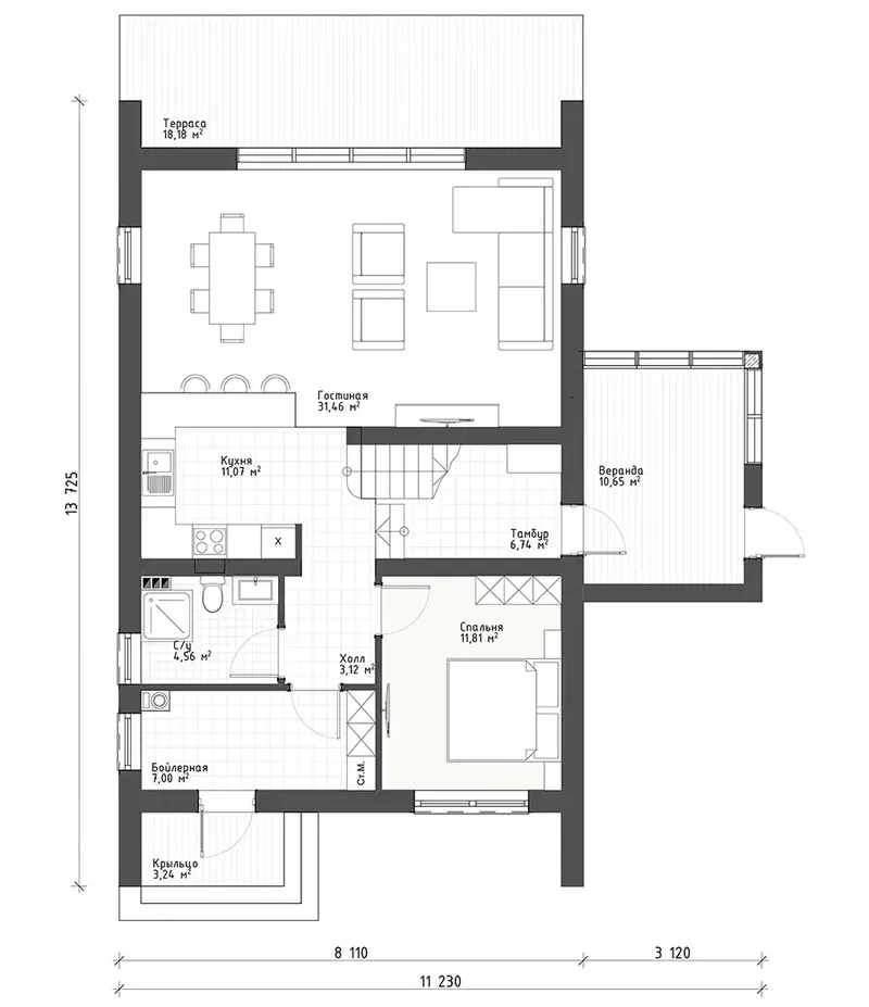 Main Floor 9 – 1.5-Story House Plan 1760 ft², 3 Beds — 19402R