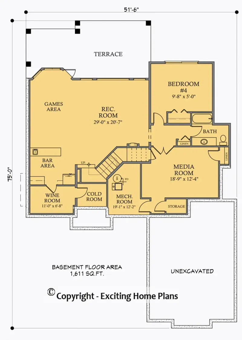 Basement 5 – 1.5-Story House Plan 2189 ft², 4 Beds — 64534R