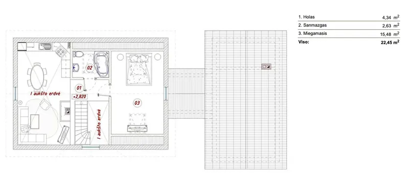 Second Floor 1 – 1.5-Story House Plan 1104 ft², 2 Beds — 63224R