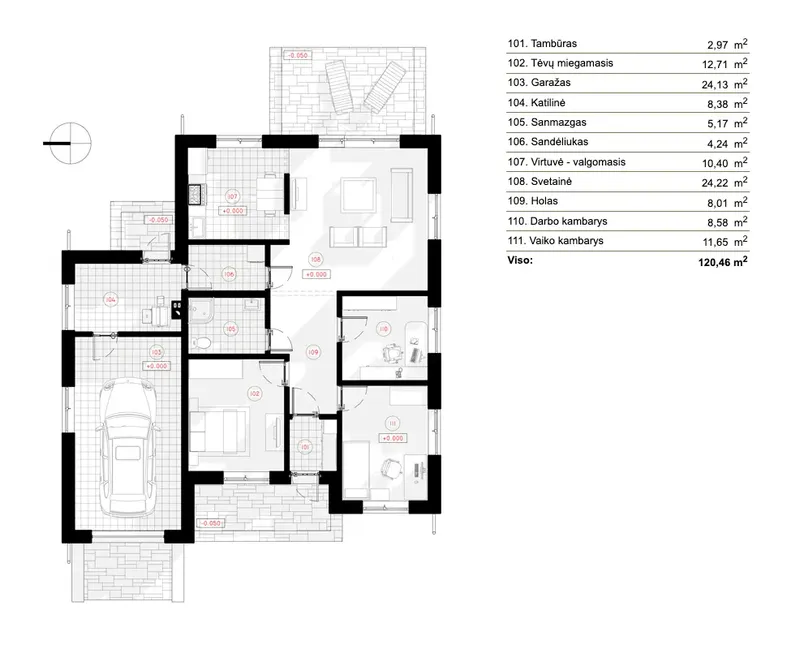 Main Floor 9 – 1-Story House Plan 1037 ft², 2 Beds — 19962R