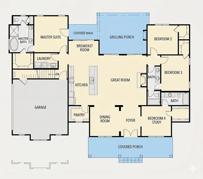 Main Floor 13 – 1.5-Story House Plan 2220 ft², 4 Beds — 63949R