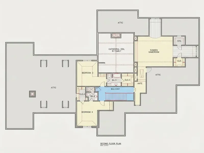 Second Floor 3 – 1.5-Story House Plan 6811 ft², 4 Beds — 99208R