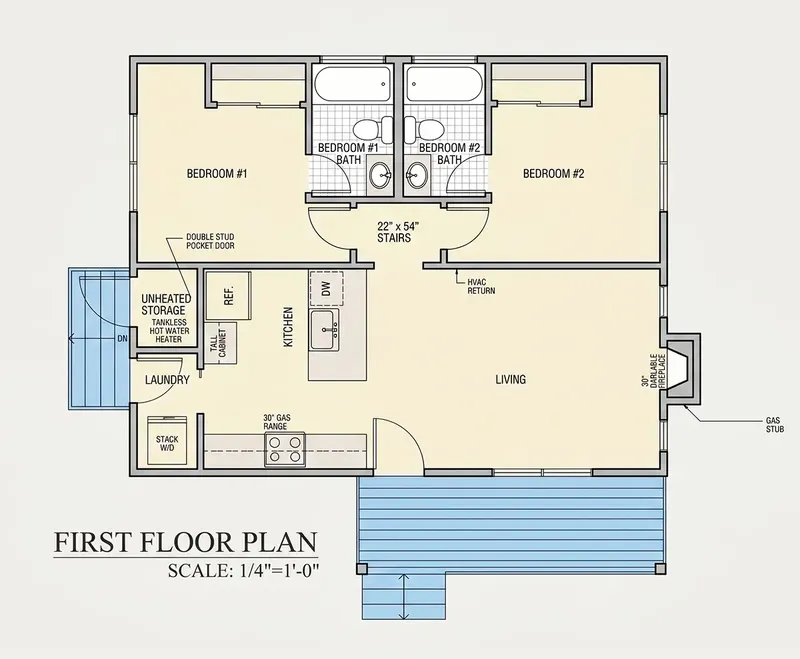 Main Floor 6 – 1-Story House Plan 750 ft², 2 Beds — 10449R