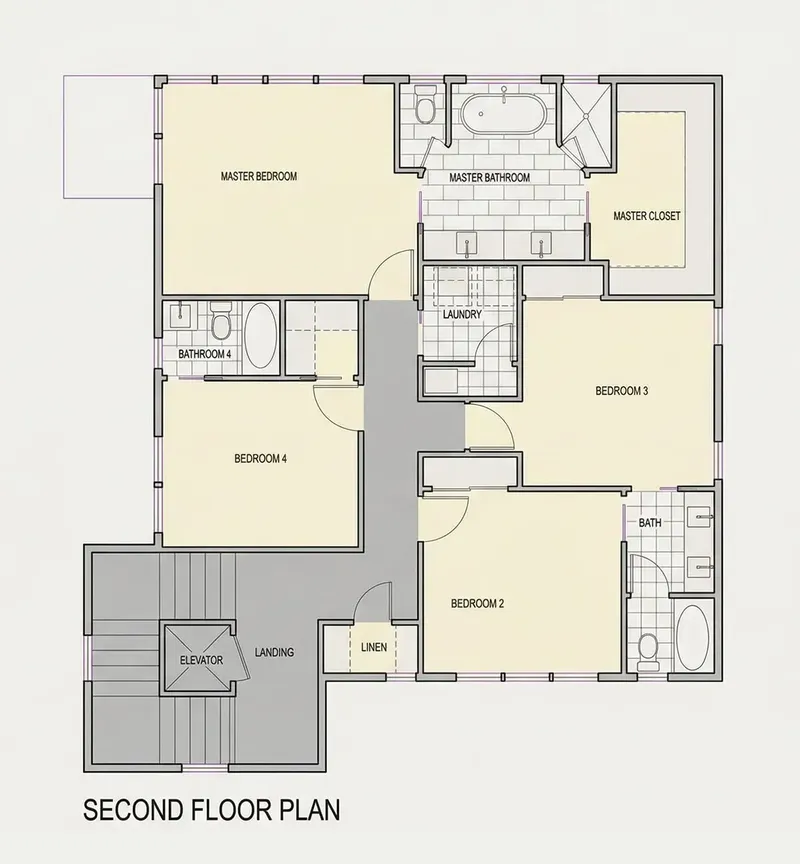 Second Floor 26 – 3-Story House Plan 3779 ft², 5 Beds — 70598R