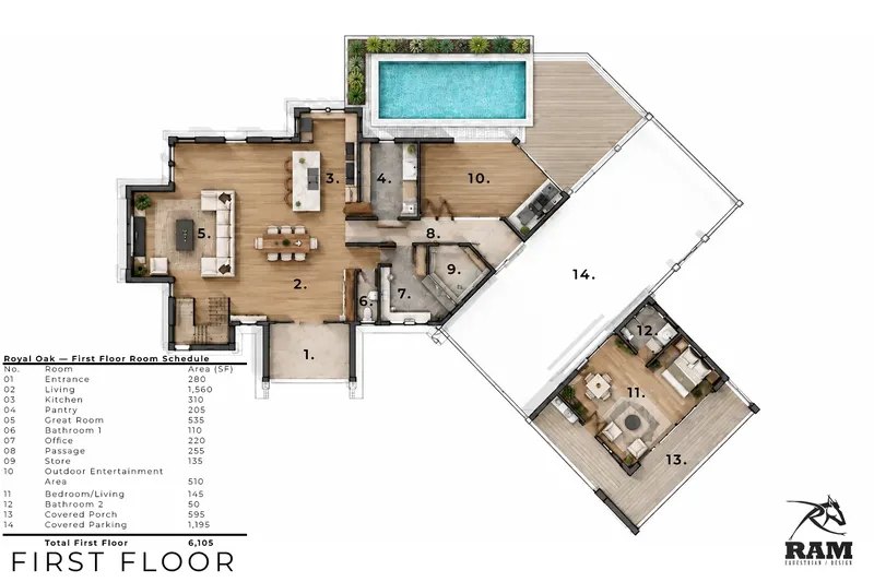 Main Floor 14 – 1.5-Story House Plan 5770 ft², 5 Beds — 80207R
