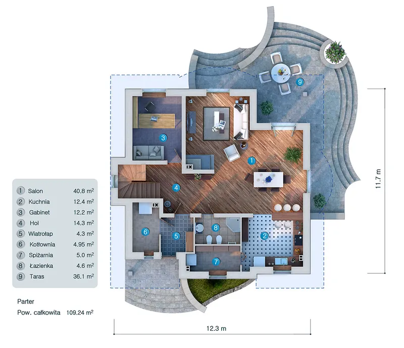 Main Floor 1 – 1.5-Story House Plan 2287 ft², 3 Beds — 18365C