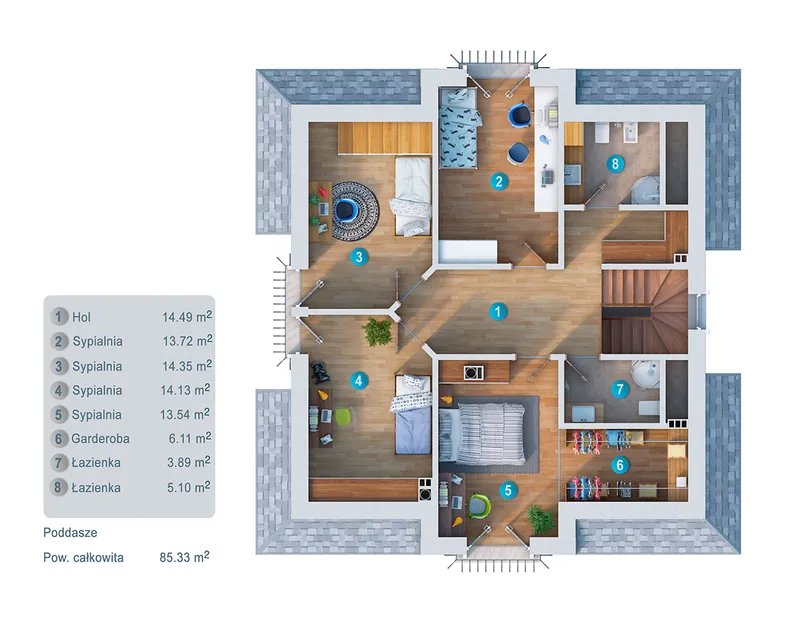Second Floor 1 – 1.5-Story House Plan 1832 ft², 4 Beds — 94246C
