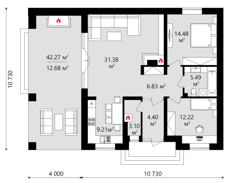 Main Floor 12 – 1-Story House Plan 1076 ft², 2 Beds — 91061C