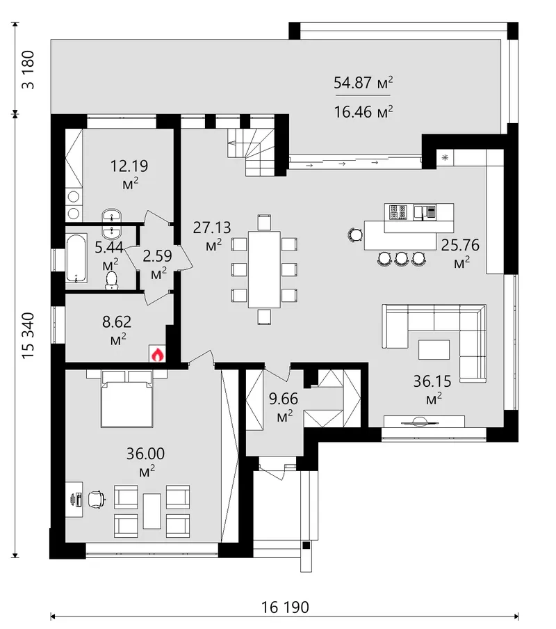 Main Floor 12 – 2-Story House Plan 3545 ft², 5 Beds — 64494R