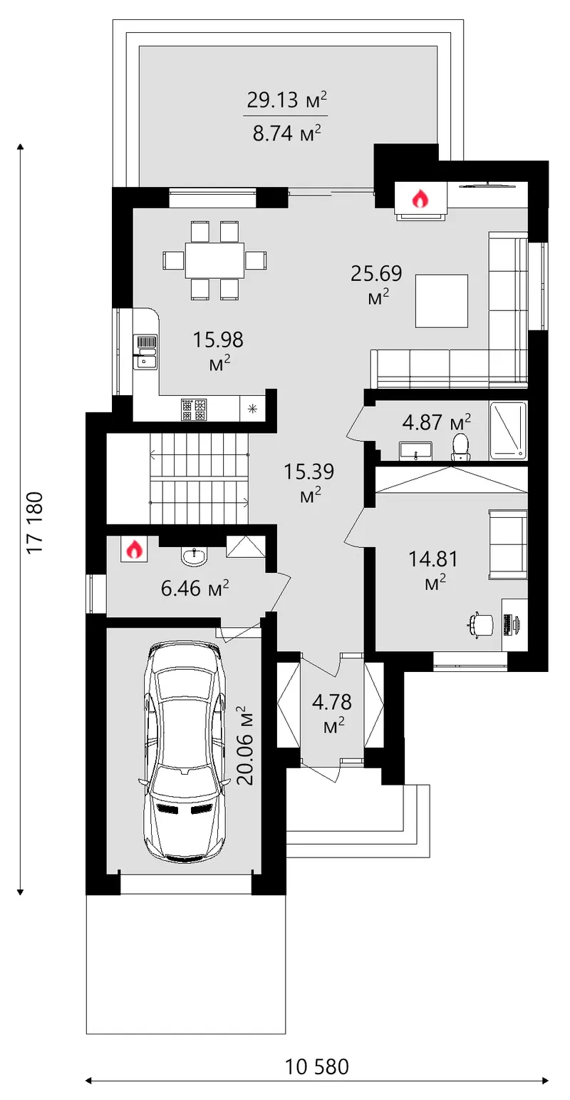 Main Floor 12 – 1.5-Story House Plan 2202 ft², 3 Beds — 68057C