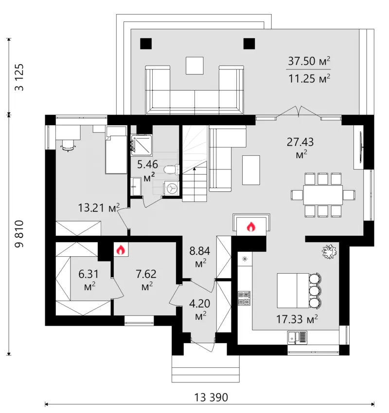 Main Floor 13 – 2-Story House Plan 1995 ft², 3 Beds — 42242R