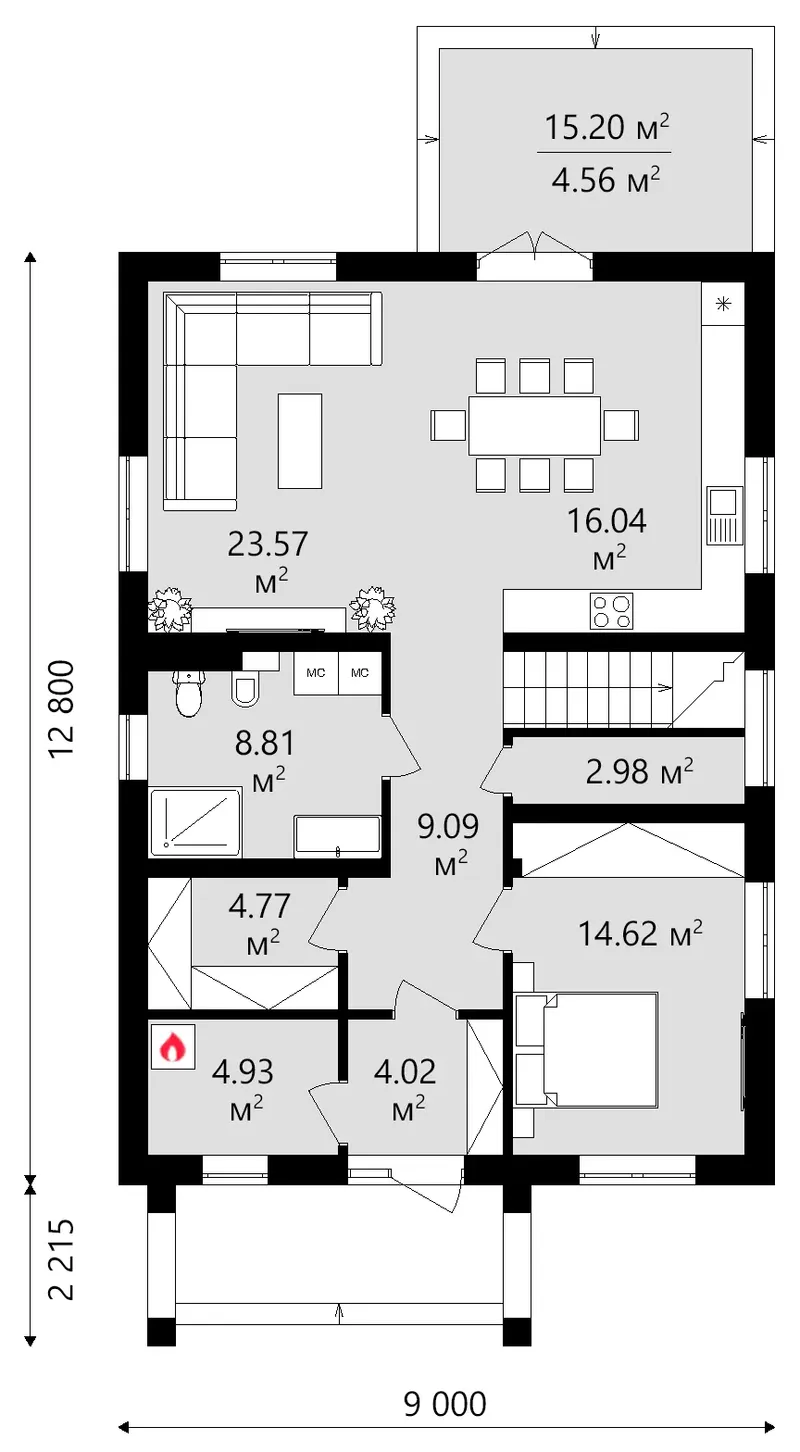 Main Floor 17 – 2-Story House Plan 1958 ft², 5 Beds — 89804C