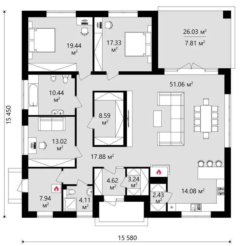Main Floor 12 – 1-Story House Plan 1958 ft², 2 Beds — 23072C