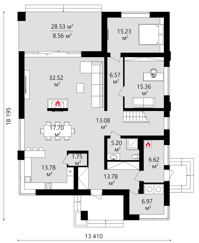 Main Floor 18 – 2-Story House Plan 3002 ft², 4 Beds — 66123C