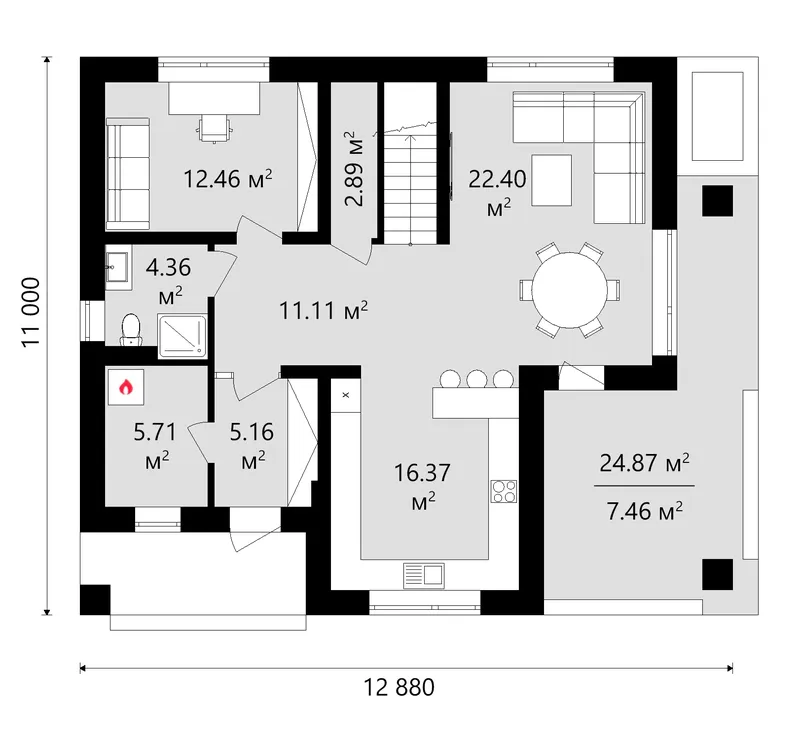Main Floor 11 – 2-Story House Plan 1858 ft², 3 Beds — 83853C