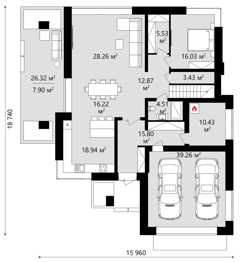 Main Floor 13 – 2-Story House Plan 2916 ft², 4 Beds — 60565C