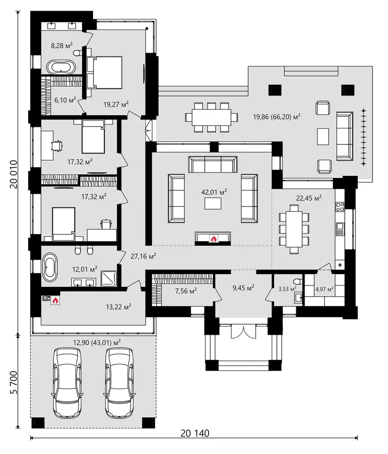 Main Floor 5 – 1-Story House Plan 2613 ft², 3 Beds — 40614C