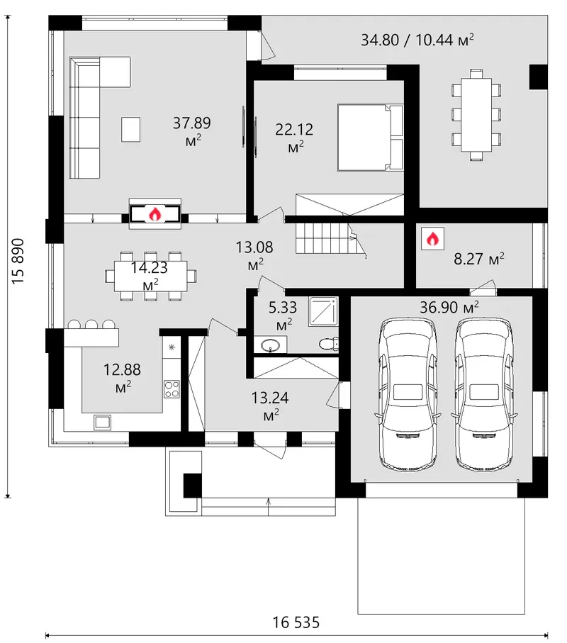 Main Floor 13 – 2-Story House Plan 2823 ft², 4 Beds — 18457C