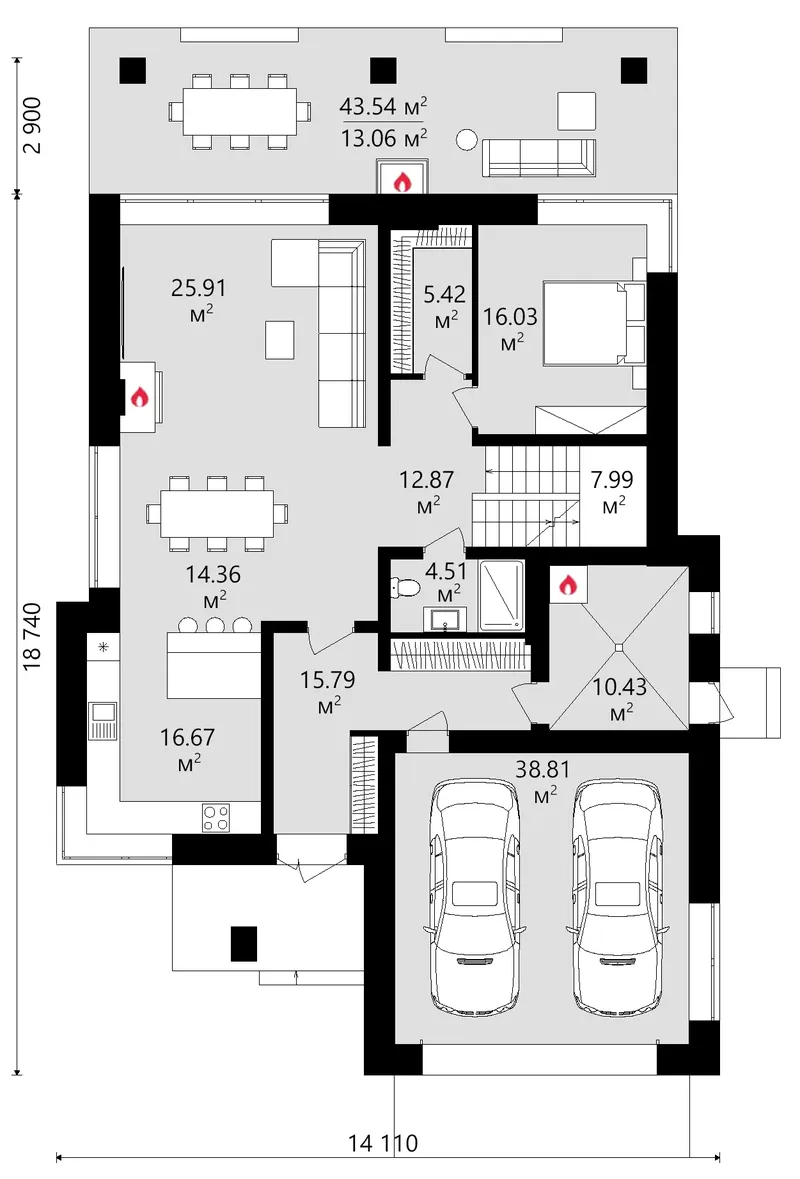 Main Floor 12 – 2-Story House Plan 2884 ft², 5 Beds — 20434C