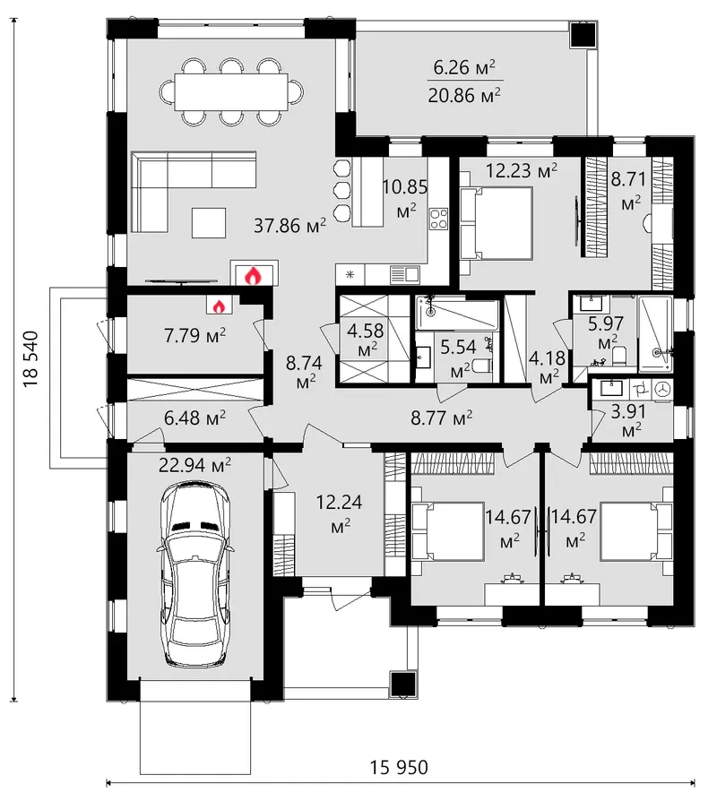 Main Floor 11 – 1-Story House Plan 1800 ft², 3 Beds — 88347C
