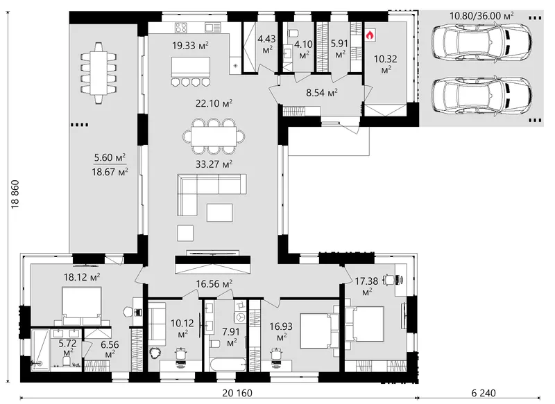 Main Floor 15 – 1-Story House Plan 2231 ft², 3 Beds — 15823C