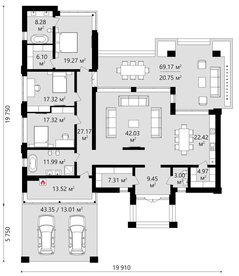 Main Floor 17 – 1-Story House Plan 2330 ft², 3 Beds — 74397C