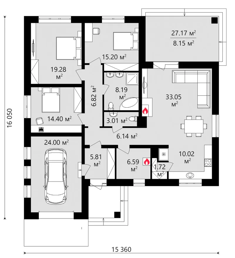 Main Floor 12 – 1-Story House Plan 1490 ft², 3 Beds — 27824C