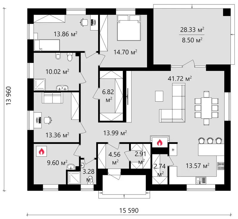 Main Floor 12 – 1-Story House Plan 1718 ft², 3 Beds — 78739C