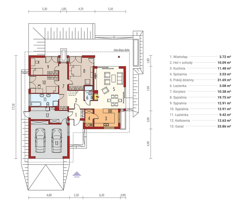 Main Floor 1 – Ready-made One Story House Plan with Attic
