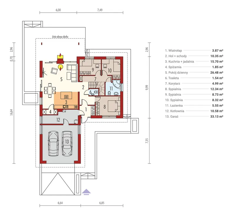 Main Floor 1 – L-Shaped House Plan with Bonus Room and Fireplace
