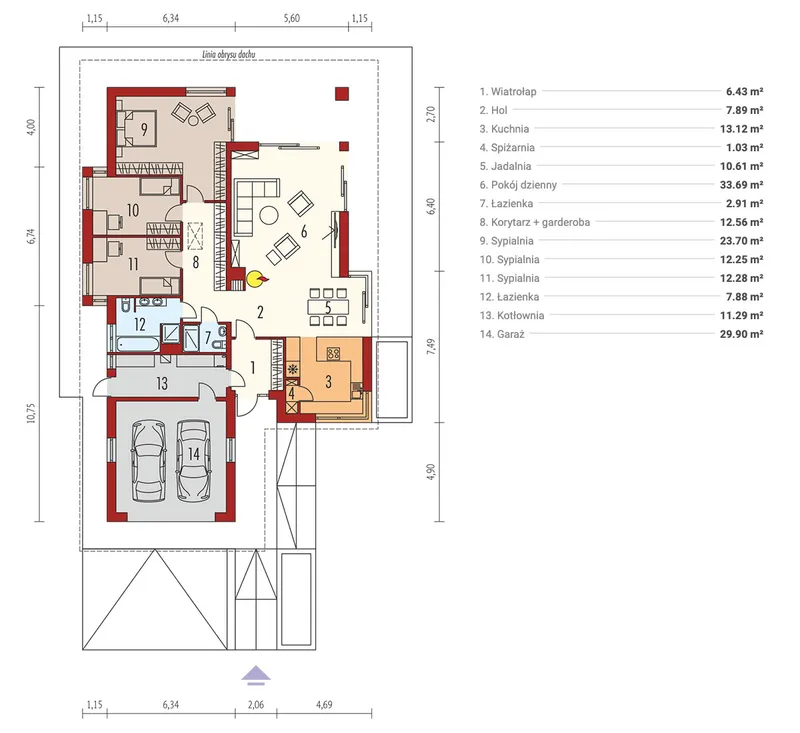 Main Floor 1 – 1700 Sq Ft T-Shaped House Plan with 2-Car Garage