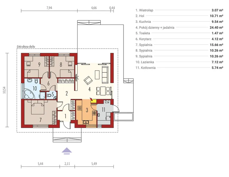 Main Floor 1 – 1 Story Gable Roof House Plan with 3 Beds