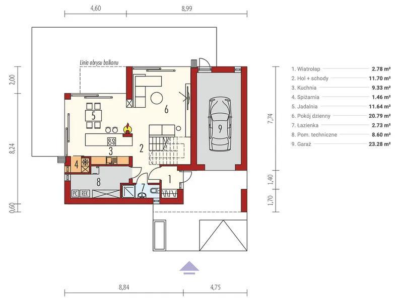 Main Floor 1 – Flat Roof Home Plan with 1-Car Garage and 3 Beds