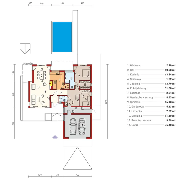 Main Floor 1 – 2200 Sq Ft Large L-Shaped House Plan with Pool