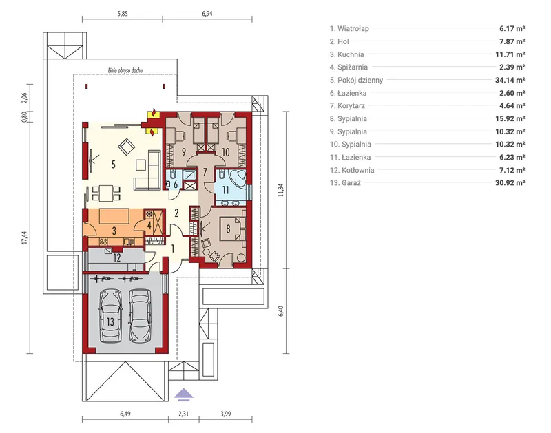 Main Floor 1 – L-Shaped, 1300 Sq Ft House Plan with 2-Car Garage