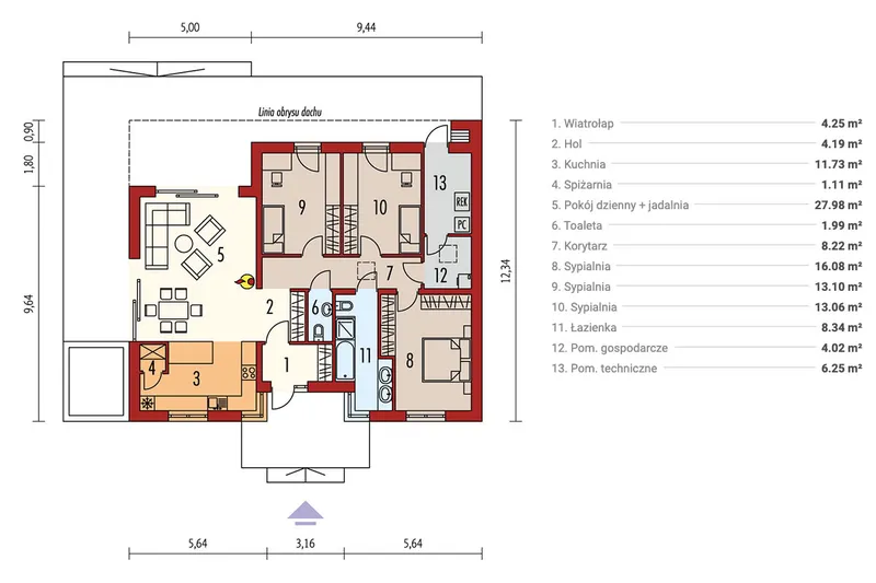 Main Floor 1 – 1200 Sq Ft Flat Roof House Plan with 3 Beds